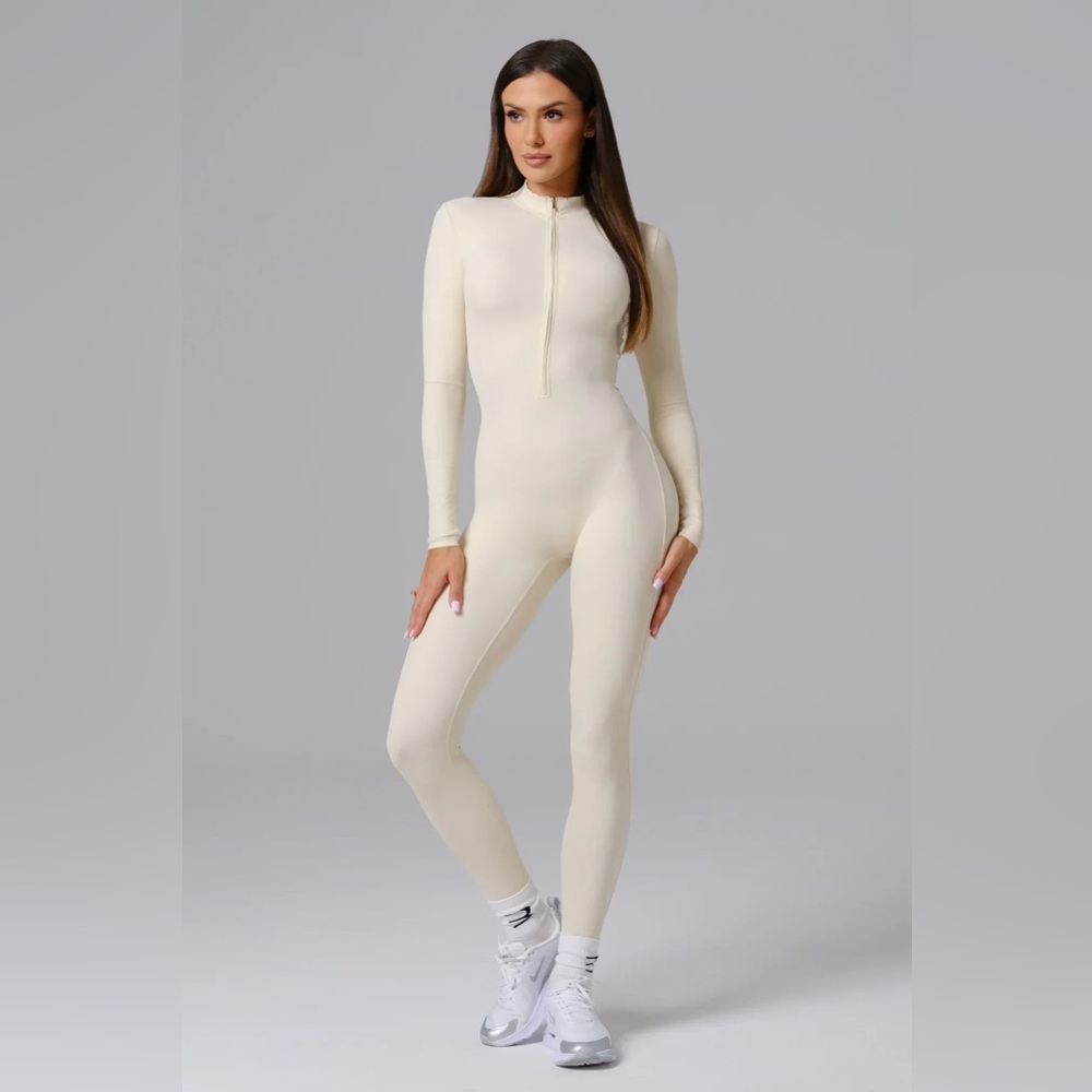 Cream Long Sleeve Zip Jumpsuit – Sleek Fit | Sizes S-L | Posh Ambassador Closet